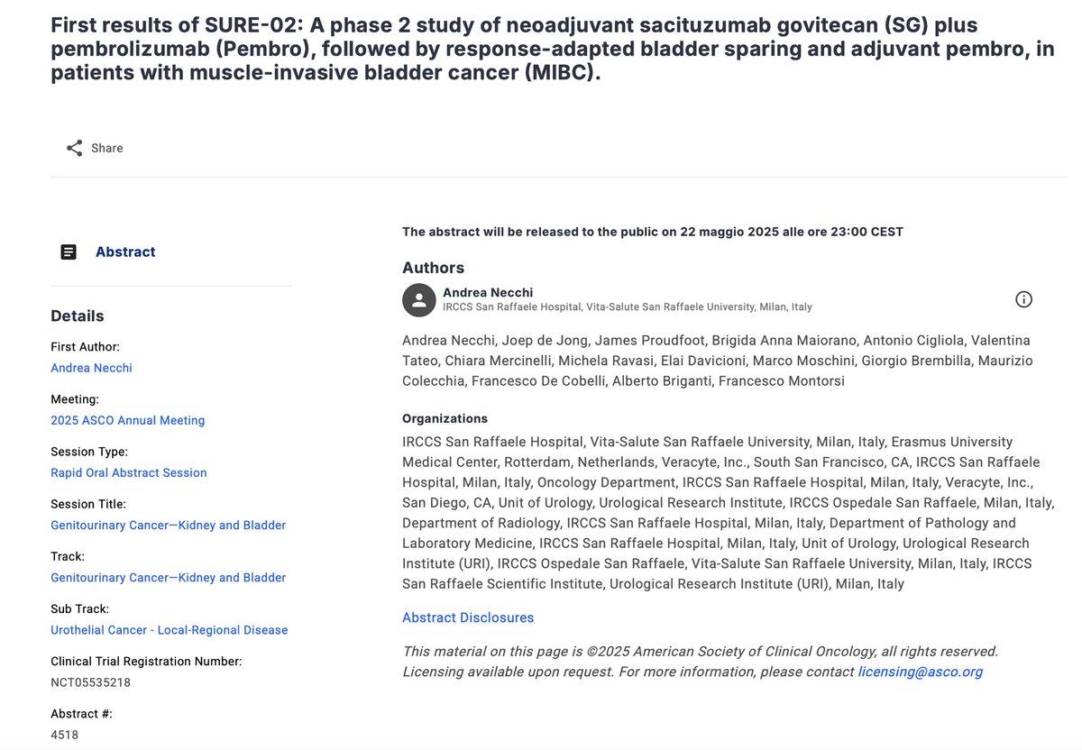 Andrea Necchi (@andreanecchi) on Twitter photo #SURE02 interim results will be disclosed at #ASCO25 #RapidOral session
The trial provides SG-Pembro > bladder sparing for cCR > maintenance pembro to pts with MIBC
Interim cCR survival and biomarker data will be presented <a href="/SanRaffaeleMI/">Ospedale San Raffaele</a> <a href="/MyUniSR/">Università Vita-Salute San Raffaele</a> <a href="/Veracyte/">Veracyte, Inc.</a> <a href="/FoundationATCG/">Foundation Medicine</a> #SURE02 interim results will be disclosed at #ASCO25 #RapidOral session
The trial provides SG-Pembro > bladder sparing for cCR > maintenance pembro to pts with MIBC
Interim cCR survival and biomarker data will be presented <a href="/SanRaffaeleMI/">Ospedale San Raffaele</a> <a href="/MyUniSR/">Università Vita-Salute San Raffaele</a> <a href="/Veracyte/">Veracyte, Inc.</a> <a href="/FoundationATCG/">Foundation Medicine</a>