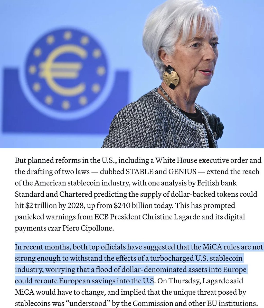 Anton_Golub's tweet photo. Europe is dominated by dollar stablecoins - ECB warns of crypto disaster for EURO 

Dollar-backed stablecoins are 250 BILLION+.

Euro stablecoins? Just $250 million. 😂

That’s 1,000x smaller!

Now European Commission and ECB are in open conflict.

Why?

Because dollar stablecoins are dominating Europe - MiCA can’t stop it.

ECB is panicking.

Christine Lagarde warns of “financial contagion” if Trump turbocharges crypto.

MiCA was supposed to protect Europe.

Instead, it’s killing European liquidity - and boosting the dollar.

My friend @moo9000 explained:

"MiCA had a first-mover advantage. And regulators wasted it."

They didn’t build a framework for growth.
They built one to protect banks.

What MiCA did to EURO stablecoins:

❌ Banned yield
❌ Capped issuance at €200M/day
❌ Full licensing, audits, legal entity in EU
❌ Required 60% of reserves at weak EU banks

No surprise:

- Tether refused to comply
- No liquidity, no adoption, no upside
- Most euro stablecoins delisted or dead
- Circle built a MiCA entity, but still focuses on USDC

And now?

US is drafting STABLE & GENIUS laws.
 
Trump wants dollar stablecoins to scale to $2 TRILLION.
Backed by US Treasuries.
Used worldwide.

ECB wants to rewrite MiCA - 4 months after launch.

European Commission calls ECB “melodramatic.”
 
I said it months ago:

- MiCA will kill stablecoin liquidity
- Euro stablecoins won’t scale
- Tether will never comply

While Europe fights itself...

🇺🇸 US is unlocking
🇦🇪 UAE is scaling

Founders, funds, builders:

Pick your base wisely.

Jurisdiction = strategy.

Thanks to @moo9000  for sparking this post