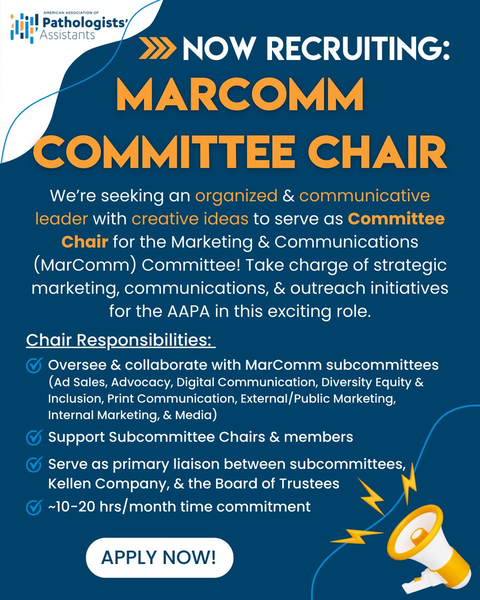 AAPA (@pathassist) on Twitter photo 📣The MarComm Committee is Recruiting!📣
We're seeking a new Committee Chair to lead strategic efforts that promote the profession & the AAPA.
Complete details here: pathassist.org/members/group.…
Interested? Contact Connie Thorpe at constance.thorpe88@gmail.com 📣The MarComm Committee is Recruiting!📣
We're seeking a new Committee Chair to lead strategic efforts that promote the profession & the AAPA.
Complete details here: pathassist.org/members/group.…
Interested? Contact Connie Thorpe at constance.thorpe88@gmail.com