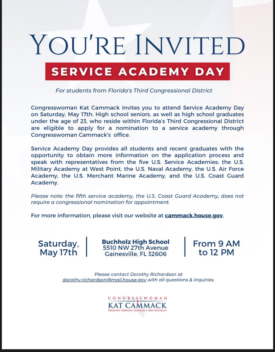 Thinking about a future in the U.S. Armed Forces?
Join us for Service Academy Day

Date: Saturday, May 17th
Time: 9 AM – 12 PM
Location: Buchholz High School

Don’t miss this chance to explore your path to leadership and service. Hope to see you there!
