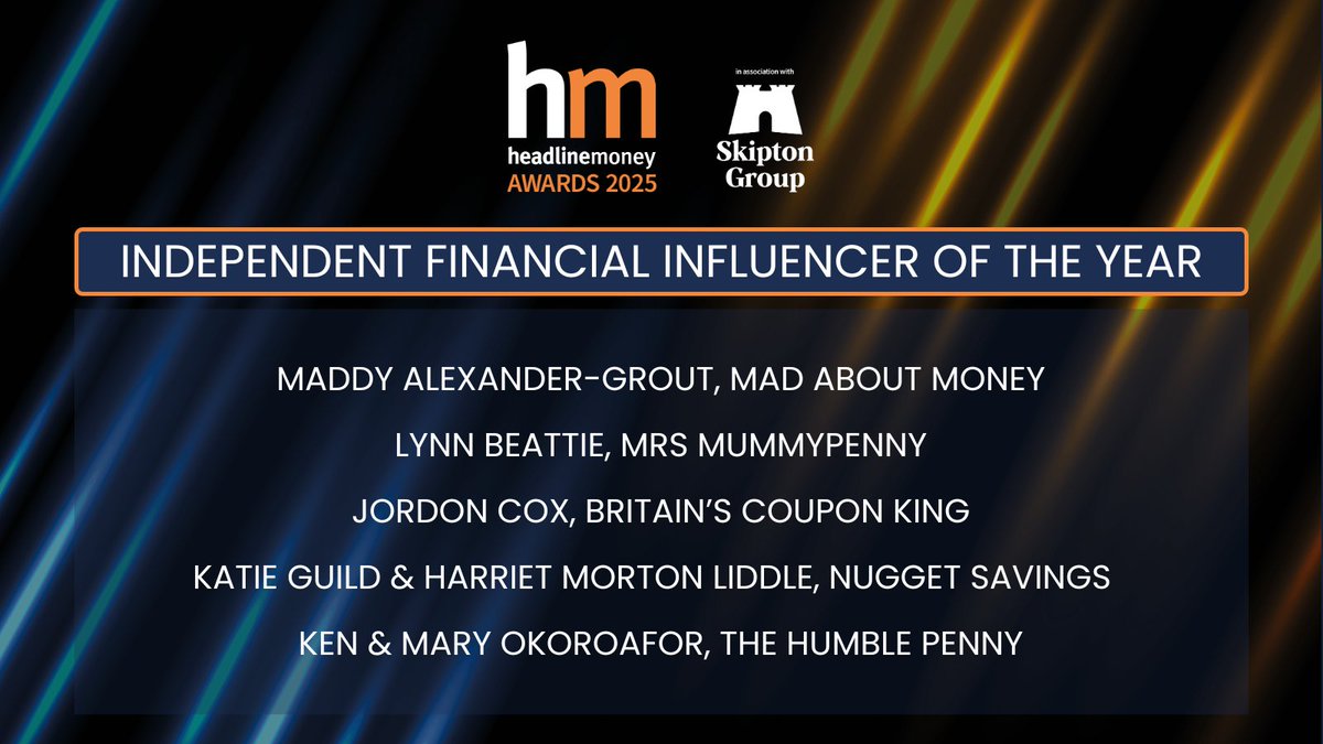 We’re delighted to announce the #HMAwards25 shortlist for our first Independent Financial Influencer of the Year award! 
  
 Congratulations to <a href="/Jordon_Cox/">Britain’s Coupon King - Jordon Cox</a>, <a href="/nuggetsavings/">Harriet Morton-Liddle</a>, <a href="/TheHumblePenny/">The Humble Penny®</a>, Mrs MummyPenny &amp; <a href="/maddyalexanderg/">Maddy Alexander-Grout</a> 👏
 
 tinyurl.com/3wkkrzkp