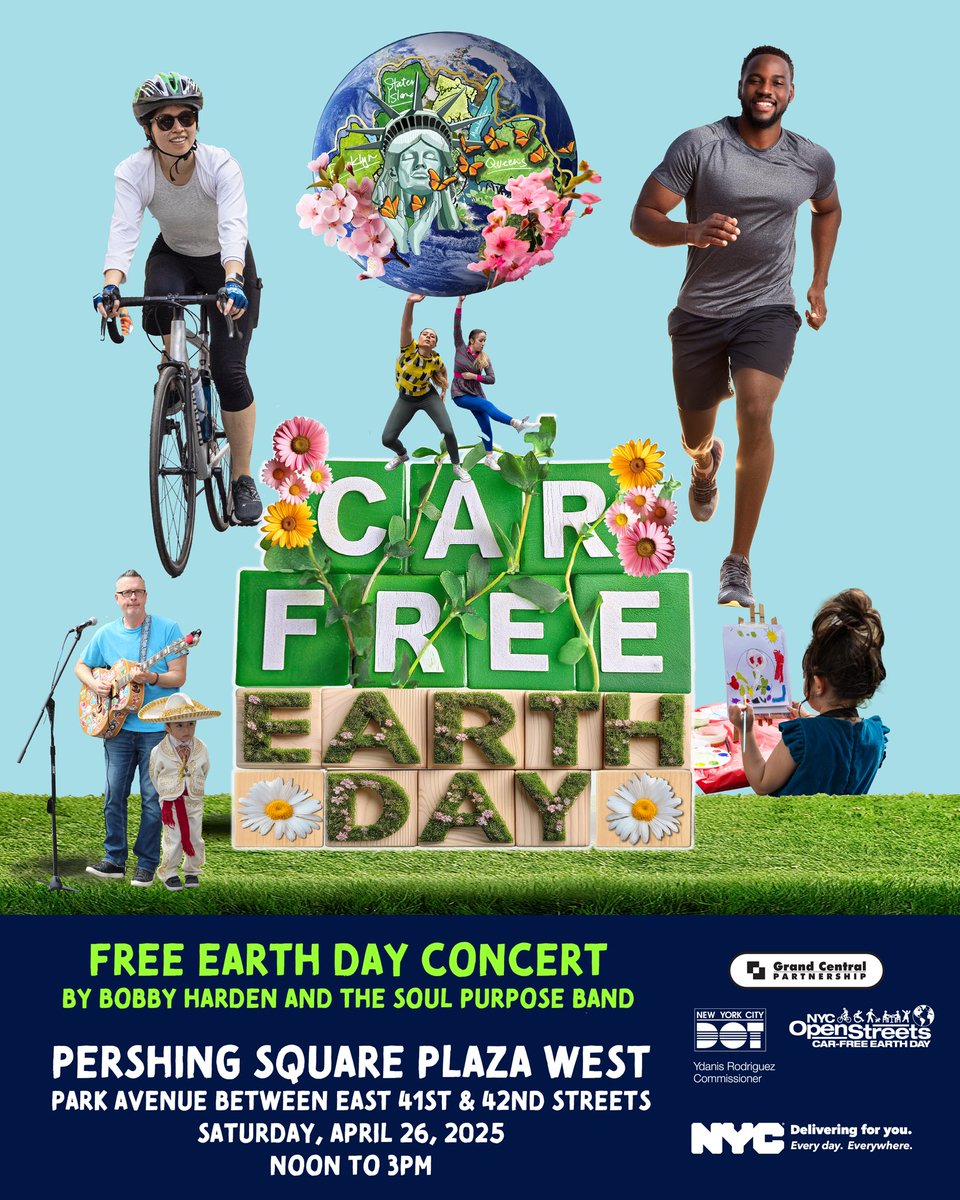 🌍🎶 Celebrate Car-Free Earth Day with a free concert by Bobby Harden &amp; the Soul Purpose Band this Saturday, April 26 from 12–3PM in Pershing Square Plaza West (Park Ave between E 41st &amp; E 42nd).

Live music, open streets &amp; community vibes in Midtown East! #EarthDayNYC