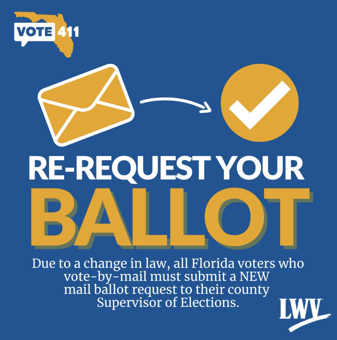 Due to a change in law, ALL FLORIDA VOTERS who vote-by-mail must submit a NEW mail ballot request to their county Supervisor of Elections. Request your 2025 mail ballot at colliervotes.gov/Voters/Vote-by…
Mail-in ballots cannot be forwarded. Make sure you enter the address to be mailed.