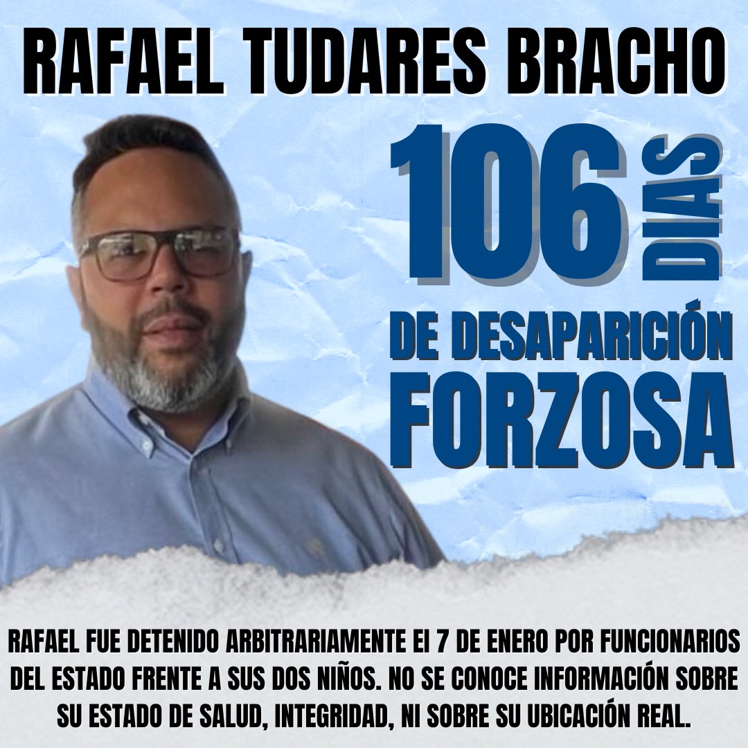 A 106 días de la desaparición forzada por detención arbitraria de mi esposo Rafael Tudares Bracho, aclaro: Rafael no es ficha de cambio para nadie. Es un ser humano con derechos,con familia,con sueños. La libertad no es una moneda de negociación. La dignidad humana no se negocia.