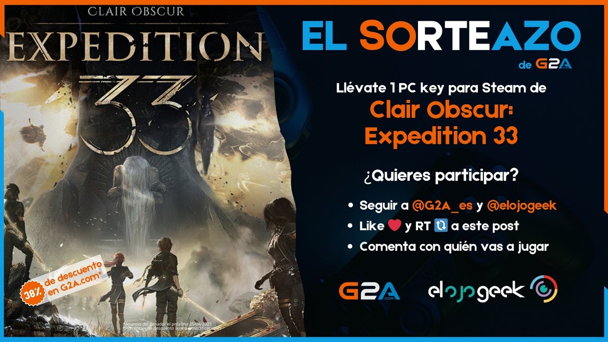 El Ojo Geek 👁️ (@elojogeek) on Twitter photo ⚔️ SORTEAZO CLAIR OBSCUR: EXPEDITION 33 ⚔️
Llévate una copia del juego para Steam que ha ARRASADO en Metacritic.
Requisitos:
- Seguir a <a href="/G2A_ES/">G2A en Español</a> y <a href="/ElOjoGeek/">El Ojo Geek 👁️</a>
- Like ❤️ a este post
- Comenta con quién vas a jugar
Let´s gooo!! 🔥 ⚔️ SORTEAZO CLAIR OBSCUR: EXPEDITION 33 ⚔️
Llévate una copia del juego para Steam que ha ARRASADO en Metacritic.
Requisitos:
- Seguir a <a href="/G2A_ES/">G2A en Español</a> y <a href="/ElOjoGeek/">El Ojo Geek 👁️</a>
- Like ❤️ a este post
- Comenta con quién vas a jugar
Let´s gooo!! 🔥