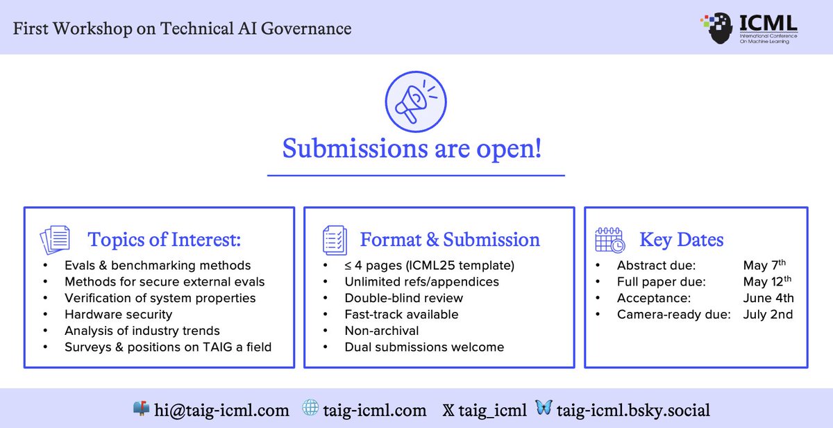 📣 Submissions OPEN for the 1st Technical AI Governance Workshop at #ICML2025!
🔗 Submit on OpenReview: openreview.net/group?id=ICML.… 
🗓️ Deadlines: Abstract 7 May | Full paper 12 May (23:59 AOE)