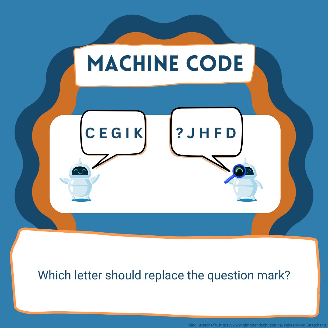 steameducentres's tweet image. Time to crack the machine code! 🤖🔡 Can you figure out which letter should replace the question mark? Look closely at the patterns — it's all about logic! 🧠💡 Drop your answer below! 👇
#MachineCode #BrainTeaser #LogicPuzzle #CrackTheCode #PuzzleChallenge
