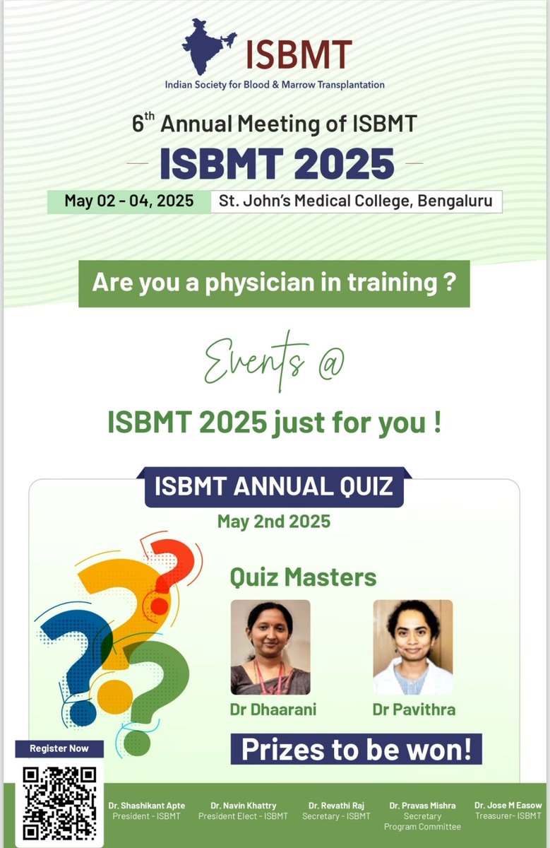IsbmtU's tweet photo. Are you a physician in training?

Exciting time to participate in the BMT quiz during @ISBMT annual meet 2-4 May 2025 at St John's medical college Bengaluru. 

To register click here https://t.co/1REn5OZ7Er https://t.co/Ie76DHbgeL