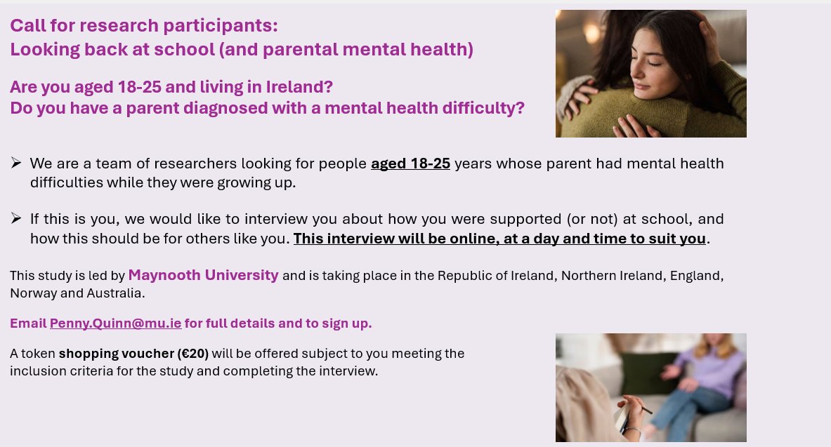 📢 MU are looking for yp (18-25 years) who had a parent had mental health difficulties while growing up.
New research study is exploring how schools supported yp during this time. Cross-country project involving Northern Ireland, England, Norway and Australia.
See below for info: