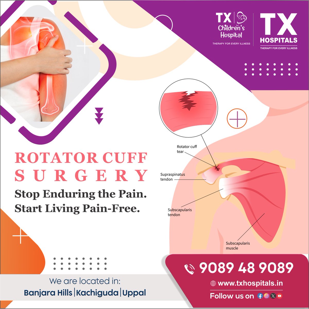 txhospitals's tweet photo. 💪 Rotator Cuff Surgery
Don't let shoulder pain hold you back. Move freely, live fully.
📍 Hyderabad – Banjara Hills | Kachiguda | Uppal
📞 9089 48 9089
#RotatorCuffSurgery #ShoulderPainRelief #TXHospitals #HyderabadOrthopedics https://t.co/EffB0TvY3E