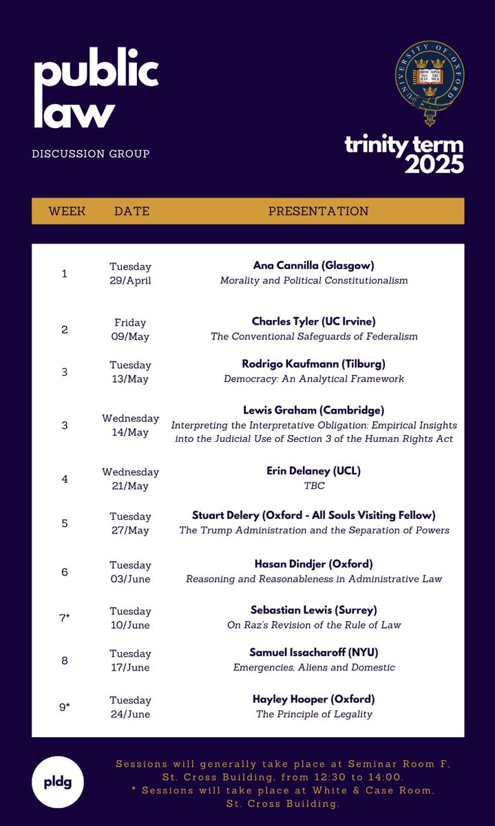 We are happy to share our term card for TT 2025! 

Our sessions will generally take place on Tuesdays, from 12.30 to 14.00 in seminar room F at the Faculty of Law.

We hope to see many of you there!