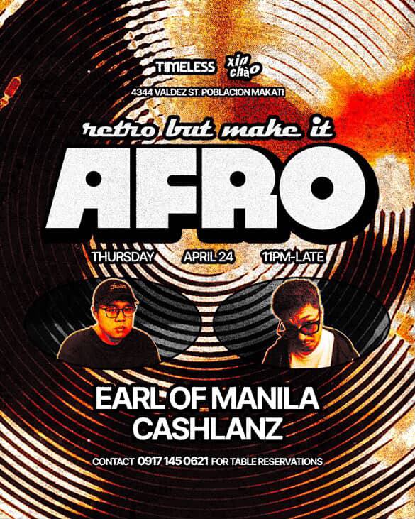 Opening the night at Xin Chao, Poblacion, Makati TOMORROW NIGHT (April 24) for Timeless Collective's Retro But Make it Afro night! I’m on from 11 PM – 1 AM, setting the vibe before Cashlanz takes over right after. 

DM me if you wanna get on the guestlist. See y’all! 🪩🕺🏼💃🏽