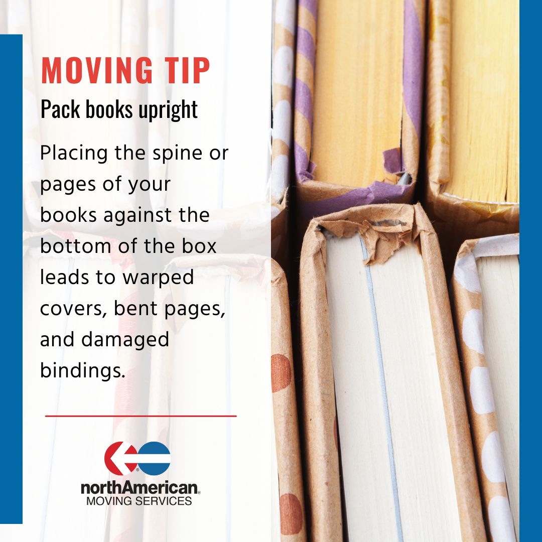 Pack your books like you were setting them on a bookshelf. The even pressure keeps the spine, cover, and pages aligned, preserving their shape and structure. #movingtip #moving #movingvan #home #house #newhome #movingday #spring #worldbookday