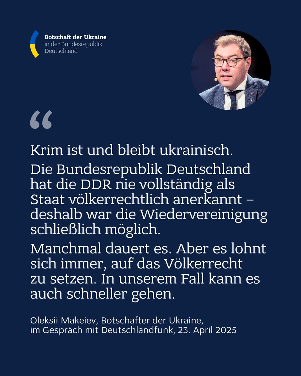 Ukrainische Botschaft (@ukrindeu) on Twitter photo „Die Krim ist und bleibt ukrainisch“, sagt Botschafter <a href="/Makeiev/">Oleksii MAKEIEV 🇺🇦</a> im DLF-Interview mit <a href="/DirkOHeckmann/">Dirk-Oliver Heckmann</a>.
Es lohnt sich immer, auf das Völkerrecht zu setzen und sich für das Völkerrecht einzusetzen.
Link zum Interview 👇 „Die Krim ist und bleibt ukrainisch“, sagt Botschafter <a href="/Makeiev/">Oleksii MAKEIEV 🇺🇦</a> im DLF-Interview mit <a href="/DirkOHeckmann/">Dirk-Oliver Heckmann</a>.
Es lohnt sich immer, auf das Völkerrecht zu setzen und sich für das Völkerrecht einzusetzen.
Link zum Interview 👇