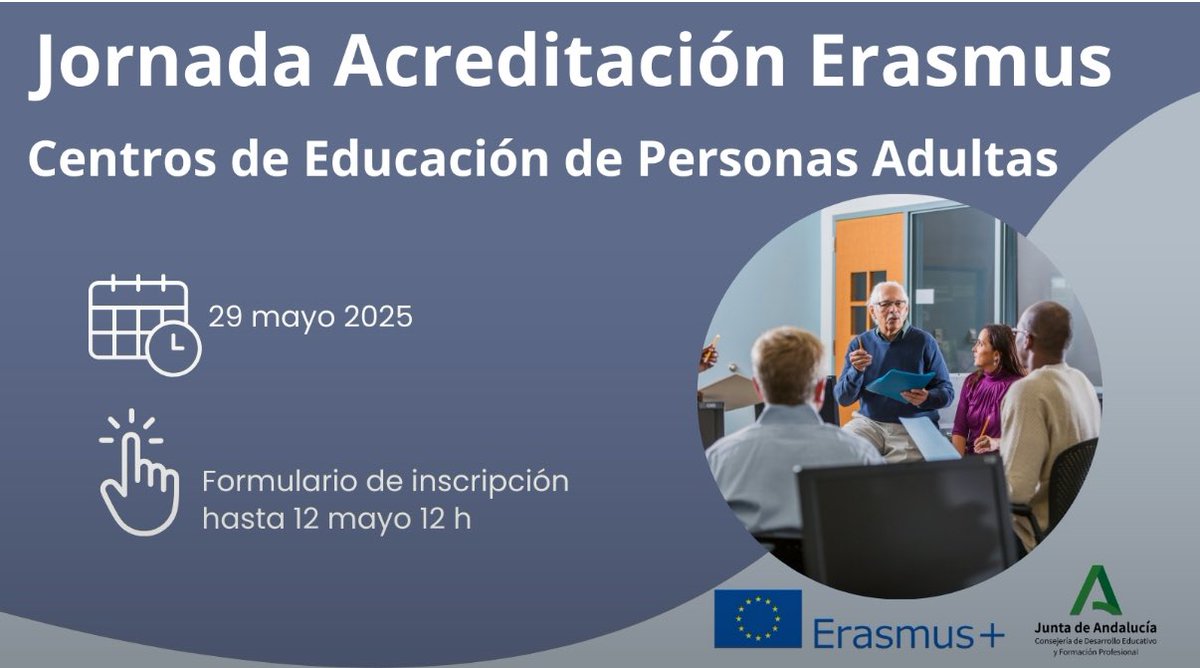 Jornada "La acreditación Erasmus como motor de transformación en los Centros de Educación de Personas Adultas". Inscripciones hasta el 12 de mayo. Más información en el enlace: juntadeandalucia.es/educacion/port…
#pluriAnd
<a href="/EducaAnd/">Consejería Desarrollo Educativo y FP</a>
#ErasmusPlus
<a href="/sepiegob/">SEPIE</a>