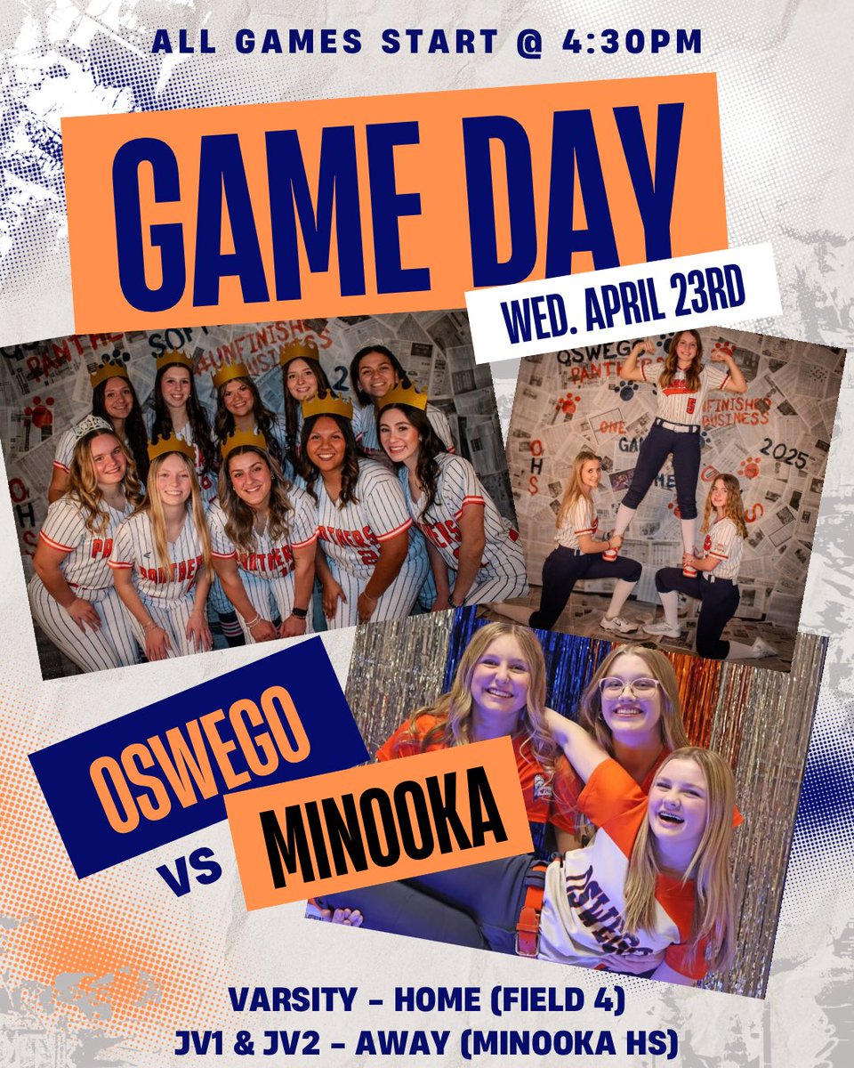 You know what time it isssssss🔥

CONFERENCE GAME DAY FOR ALL LEVELS🙌
Varsity - Home🏠
JV1 &amp; JV2 - Away (Minooka HS)➡️🛣️

Games all start at 4:30pm! Be there or be square 🟦⬜️🟧