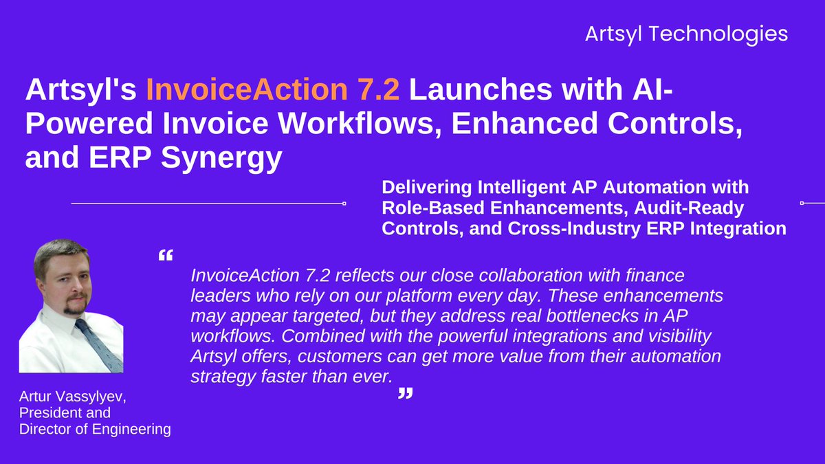 ArtsylTech's tweet image. 🎉 InvoiceAction 7.2 is here! Smarter. Faster. AI-powered. Unlock the future of AP with enhanced controls &amp;amp; seamless ERP integration. Dive into the full release 👉  artsyltech.com/news/invoiceac… 

 #InvoiceAutomation #APAutomation #AIinFinance #ArtsylTech