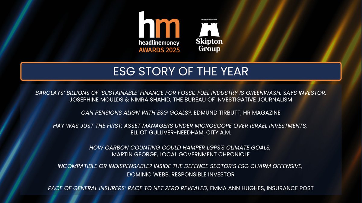 Here’s the shortlist for ESG Story of the Year #HMAwards25! 
 
Congratulations to <a href="/jomoulds/">Josephine Moulds</a> &amp; <a href="/nimrashahid_/">Nimra Shahid</a>, Edmund Tirbutt, <a href="/GulliverNeedham/">Elliot Gulliver-Needham</a>, <a href="/geomr/">Martin George</a>, <a href="/WebbDom1/">Dom Webb</a> &amp; Emma Ann Hughes 👏
 
tinyurl.com/3wkkrzkp