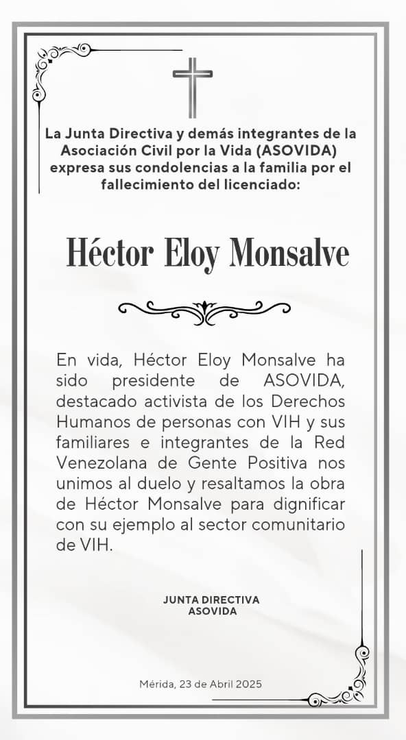 AsovidaM's tweet image. La Junta Directiva ASOVIDA decreta tres días de duelo por el fallecimiento de nuestro presidente de ASOVIDA, el licenciado Héctor Monsalve en #Mérida #Venezuela.