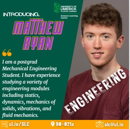 This afternoon #postgrad tutors, Jack and Muddasar are covering the fields of #Biology and #Engineering from 2:00 - 4:00 at the Drop-in Centre. Pop in anytime to get free academic support in related subjects! #science #university #undergraduate #UL #study #unilife #peersupport
