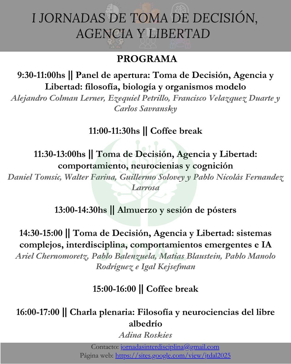 Hoy empiezan las JTDAL! Desde las 9.30hs tenemos un programa completo de especialistas que van a estar exponiendo sobre Toma de decisión, agencia y libertad. ¡Te esperamos!