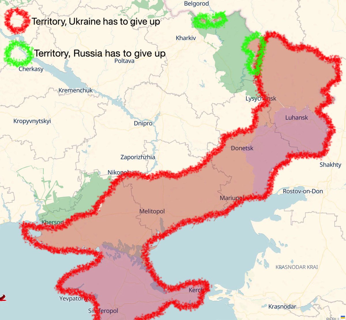 #Analysis #NewsMap 
"The Ukrainians and the Russians are both gonna have to give up some of the territory they currecntly own".
- <a href="/JDVance/">JD Vance</a>, April 23.
This map marks the territory the Ukrainians and the Russians "are gonna have to give up", according to the "final US peace plan".