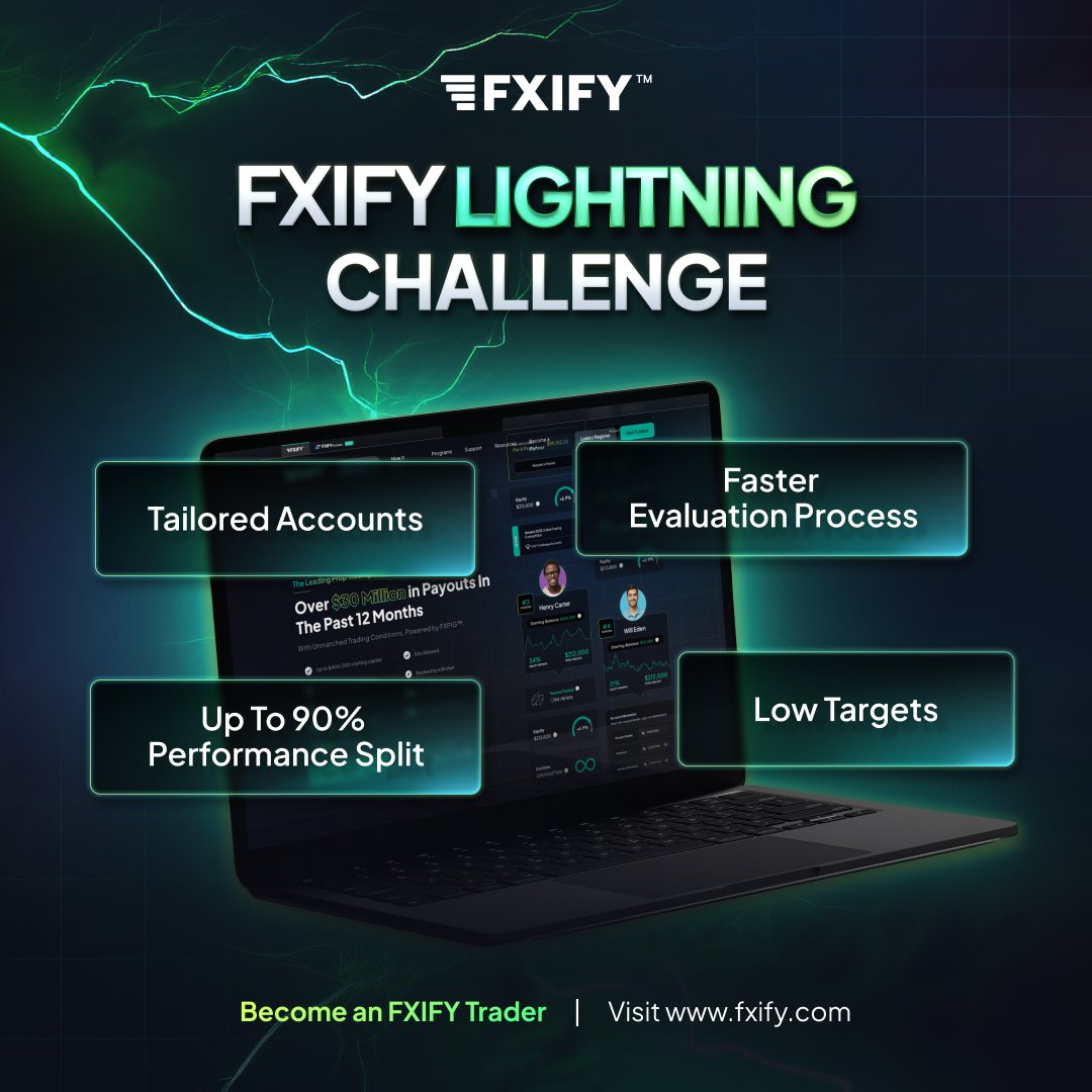 fxifycom's tweet photo. ⚡ Ready to trade at full speed?
Introducing the FXIFY™ Lightning Challenge– designed for confident traders seeking the fastest and most accessible track to prove their skills and get funded.
#FXIFY #LightningChallenge #PropTrading #TradingGoals https://t.co/5KoTckkGmO