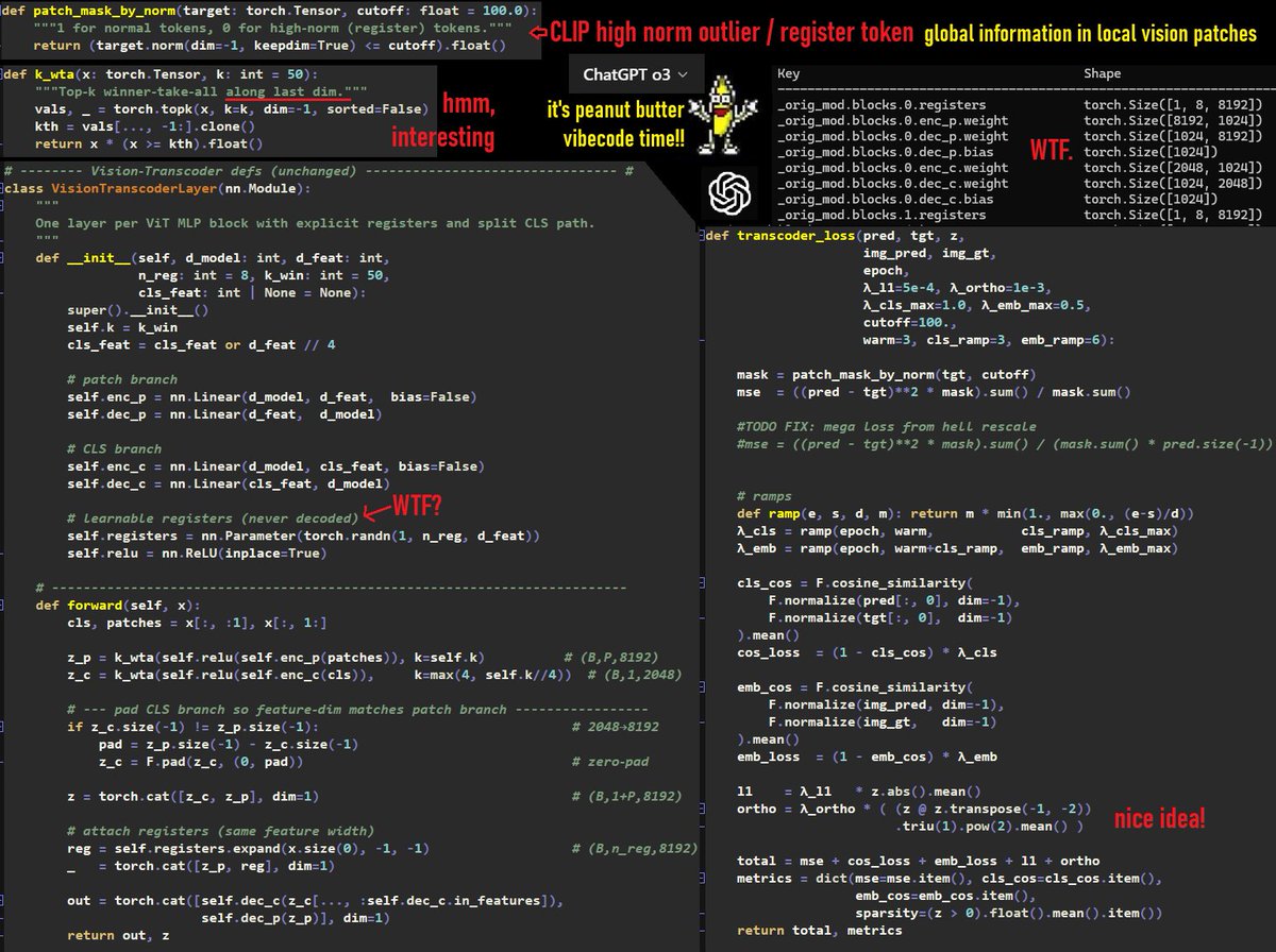 zer0int1's tweet photo. Gave #o3 all results (evals), info re: #register #tokens issue, and told it to make suggestions for #CLIP #ViT #Transcoder. It suggested and implemented a dozen things.🤯

#vibecoding? I say: #overengineered #ragecoding #rampage!😂

Now I need to figure out #WTH #AI did there.🧐 https://t.co/gQgiO6CFcc