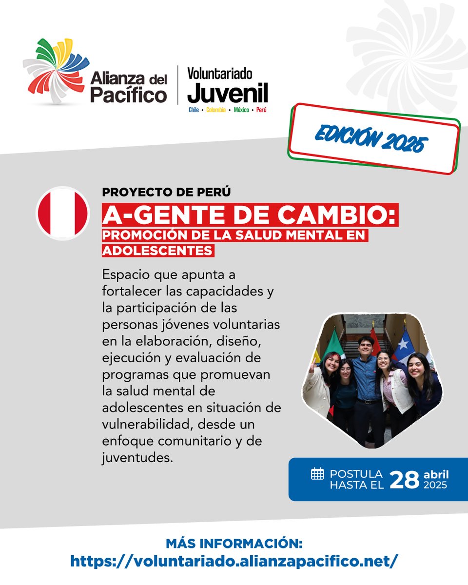 ¿Tienes entre 18 y 29 años? Vive una experiencia increíble donde podrás conocer a jóvenes de Chile, Colombia, México y Perú. ✈️

🎯 ¡Postula al Programa de Voluntariado Juvenil de la #AlianzaDelPacífico!

🗓️ La convocatoria está abierta hasta el 28 de abril.

👀 Recuerda que solo
