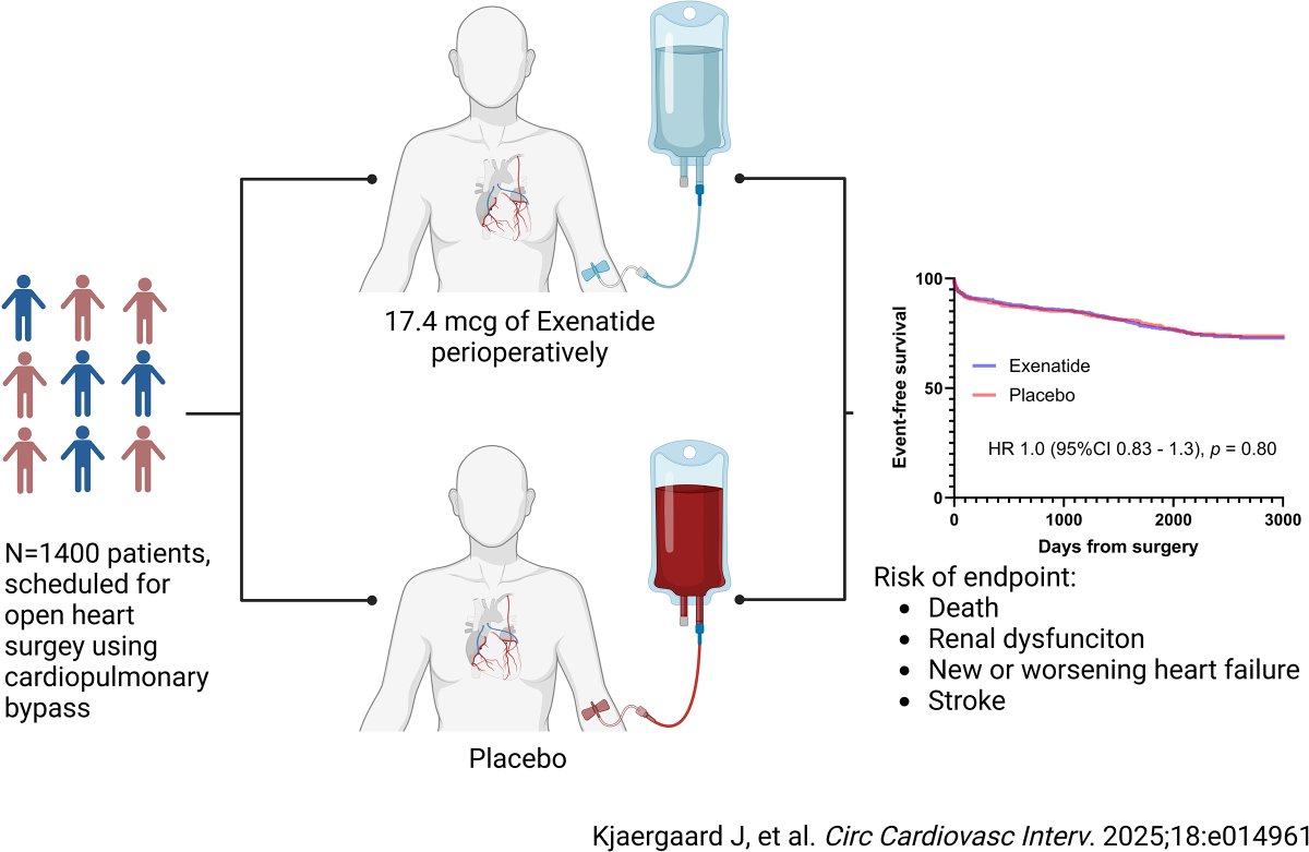 RigsHeart π«π¨ (@rigsheart) on Twitter photo Just out π’
Efficacy of the Glucagon-Like Peptide-1 Agonist Exenatide in Patients Undergoing CABG or Aortic Valve Replacement: A Randomized Double-Blind Clinical Trial in <a href="/CircAHA/">Circulation</a>
Exenatide infusion before and during cardiopulmonary bypass has no effect on the risk of a Just out π’
Efficacy of the Glucagon-Like Peptide-1 Agonist Exenatide in Patients Undergoing CABG or Aortic Valve Replacement: A Randomized Double-Blind Clinical Trial in <a href="/CircAHA/">Circulation</a>
Exenatide infusion before and during cardiopulmonary bypass has no effect on the risk of a