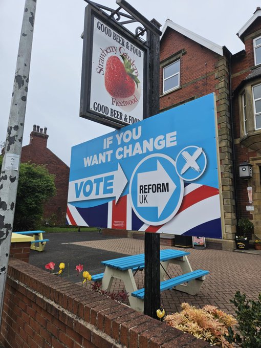 reformexposed's tweet photo. Congratulations David Shaw, Reform UK candidate in Fleetwood East, Lancashire for recently achieving a hygiene rating of 1 for your pub.

Hearing this whopping great sign is turning off customers.

Shudder to think what you'd do with a council brief... https://t.co/4DL4Lw4eEI