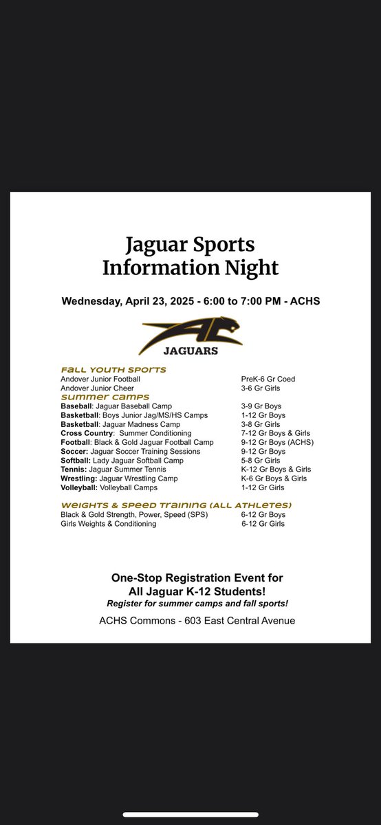 Derek Tuttle (@coach_dtuttle) on Twitter photo Jaguar Sports Information Night is tonight! One stop shop to sign up for summer and fall youth sports, etc.
<a href="/ACJaguarFB/">AC Jaguar Football</a> <a href="/ACJagsBaseball/">ACJagsBaseball</a> <a href="/ACJaguarVB/">Andover Central HS Volleyball</a> <a href="/ACJaguarSoccer/">Andover Central Soccer</a> <a href="/ACJagwrestling/">Andover Central Wrestling</a> <a href="/ACJagsAthletics/">ACAthletics</a> <a href="/ACMSJags/">MS Principals</a> <a href="/AndoverFB/">Andover Football</a> Jaguar Sports Information Night is tonight! One stop shop to sign up for summer and fall youth sports, etc.
<a href="/ACJaguarFB/">AC Jaguar Football</a> <a href="/ACJagsBaseball/">ACJagsBaseball</a> <a href="/ACJaguarVB/">Andover Central HS Volleyball</a> <a href="/ACJaguarSoccer/">Andover Central Soccer</a> <a href="/ACJagwrestling/">Andover Central Wrestling</a> <a href="/ACJagsAthletics/">ACAthletics</a> <a href="/ACMSJags/">MS Principals</a> <a href="/AndoverFB/">Andover Football</a>