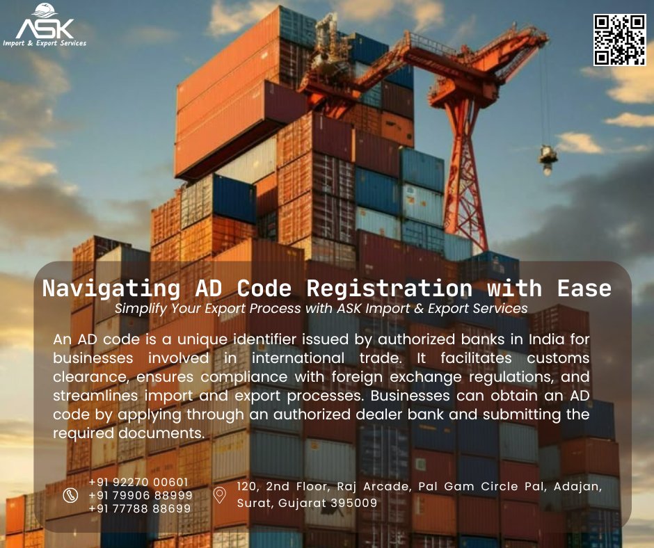 askimpoexpo's tweet image. Navigating AD Code registration with ease! ASK Import & Export Services in Surat simplifies this crucial process for businesses involved in international trade, ensuring smooth customs clearance and compliance.
#ADCode #ASK #ask #ASKImportExport