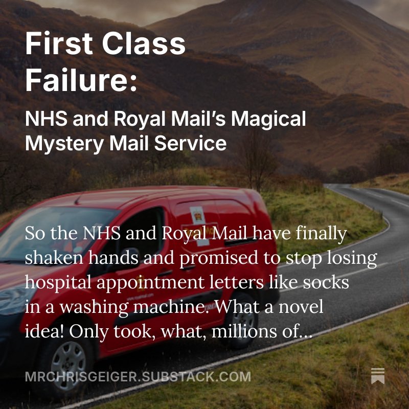 Cancer_Buzz's tweet image. BREAKING: NHS &amp;amp; Royal Mail have agreed to stop losing hospital letters like socks in a washing machine.

Read it. Rant with me: open.substack.com/pub/mrchrisgei…

#NHS #RoyalMail #HealthTech #FixThePost #MissedAppointments #DigitalNHS #HealthcareFails #TCSC