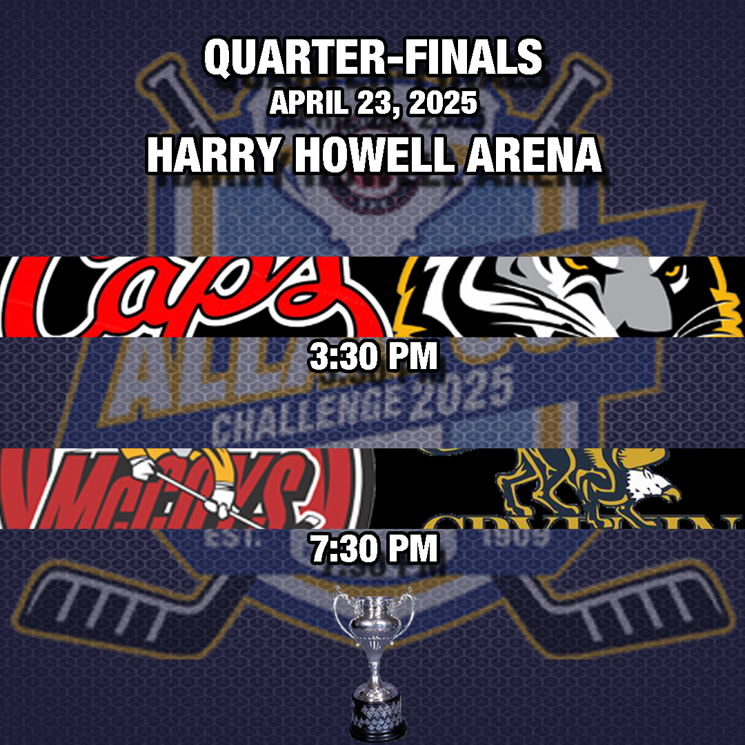 The round robin is behind us. It is now win or go home time!

Quarter-Final action at the 2025 Allan Cup Challenge gets underway at 3:30pm today between the <a href="/SJSeniorCaps/">St. John's RoofTech Sr. Caps</a> &amp; <a href="/SCTigershockey/">SCTigersSrAAA</a>. Then, at 7:30pm, the host <a href="/GryphinsACH/">Wentworth Gryphins</a> faces off with the <a href="/DundasRealMcCoy/">Dundas Real McCoys</a>.