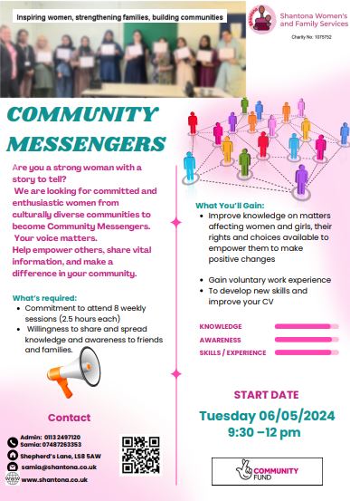 Shantona Leeds (@shantonaleeds) on Twitter photo We excited to announce, we will be restarting our Community messenger programme. Do you have a passion for working with women from the community, have a story to tell , want to inspire and empower women for their rights and choices. Join us starting 06/05/2025. <a href="/TNLComFund/">The National Lottery Community Fund</a> We excited to announce, we will be restarting our Community messenger programme. Do you have a passion for working with women from the community, have a story to tell , want to inspire and empower women for their rights and choices. Join us starting 06/05/2025. <a href="/TNLComFund/">The National Lottery Community Fund</a>