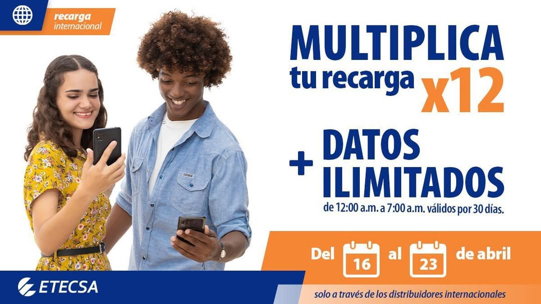 Culmina hoy la #Promoción de Recarga Internacional Multiplica el valor de tu recarga x12 y disfruta de Datos Ilimitados de 12 a.m. a 7:00 a.m., validos por 30 días. 
Más información en 👇 etecsa.cu