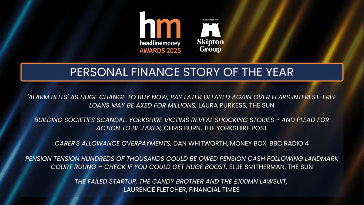 Now to reveal the shortlist for Personal Finance Story of the Year #HMAwards25! 
 
Congratulations to <a href="/laurapurkess/">Laura Purkess</a>, <a href="/ChrisBurn_Post/">Chris Burn</a>, <a href="/bbcdanw/">Dan Whitworth</a>, <a href="/EllieSmitherman/">Ellie Smitherman</a> &amp; <a href="/journofletcher/">Laurence Fletcher</a> 🎉 
 
 tinyurl.com/3wkkrzkp