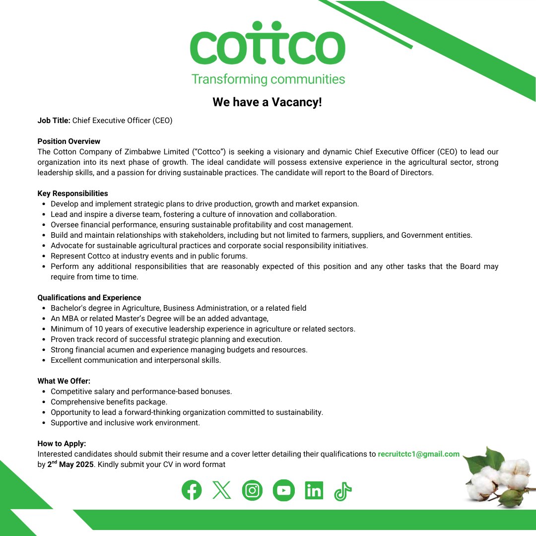 Job Opportunity Alert!
Cottco is hiring a Chief Executive Officer (CEO) to lead the next phase of growth and sustainability. If you’re an experienced leader with a strong background in agriculture or related sectors, this is your chance to make an impact! #TransformingCommunities