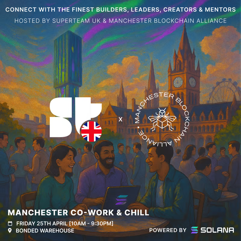 Superteam UK (@superteamuk) on Twitter photo No matter where you are in the UK, we have support systems ready for you.
This Friday, connect with builders, leaders, creators and mentors at the Co-Work & Chill session in Manchester in collaboration with <a href="/Mancweb3/">Manchester Blockchain Alliance</a>
📅 Friday 25th April 2025
🕙 10:00 – 21:30
Register below👇 No matter where you are in the UK, we have support systems ready for you.
This Friday, connect with builders, leaders, creators and mentors at the Co-Work & Chill session in Manchester in collaboration with <a href="/Mancweb3/">Manchester Blockchain Alliance</a>
📅 Friday 25th April 2025
🕙 10:00 – 21:30
Register below👇