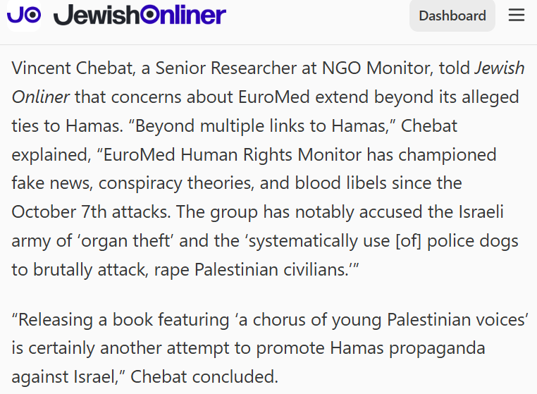 Jewish Onliner (@jewishonliner) on Twitter photo <a href="/vincent_chebat/">vincent chebat</a>, Senior Researcher with the watchdog group <a href="/NGOmonitor/">NGO Monitor</a>, said EuroMed’s issues go beyond Hamas ties, stating the group has also "championed fake news, conspiracy theories, and blood libels since the October 7th attacks." <a href="/vincent_chebat/">vincent chebat</a>, Senior Researcher with the watchdog group <a href="/NGOmonitor/">NGO Monitor</a>, said EuroMed’s issues go beyond Hamas ties, stating the group has also "championed fake news, conspiracy theories, and blood libels since the October 7th attacks."
