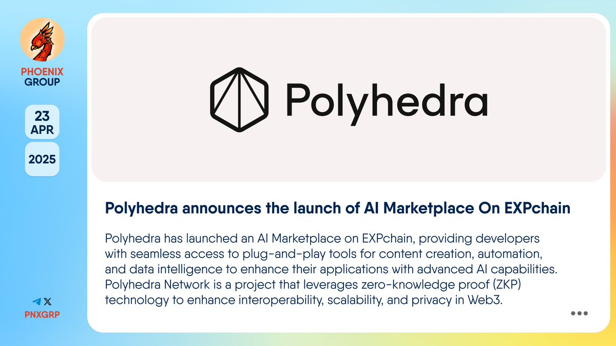 pnxgrp's tweet photo. 🚀 @PolyhedraZK announces the launch of AI Marketplace On EXPchain
#Polyhedra has launched an #AIMarketplace on #EXPchain, providing developers with seamless access to plug-and-play tools for content creation, automation, and data intelligence to enhance their applications with advanced #AI capabilities.
Polyhedra Network is a project that leverages zero-knowledge proof (ZKP) technology to enhance interoperability, scalability, and privacy in #Web3.
👉 https://t.co/mwZZLpwqMy