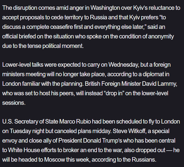 🇺🇸 WaPo: High-level Ukraine peace talks in London on Wednesday are canceled after top US diplomats withdraw. Follows Washington's reported frustration with Kyiv's stance on ceding territory, amidst a controversial US proposal ceding Crimea to Russia for peace.