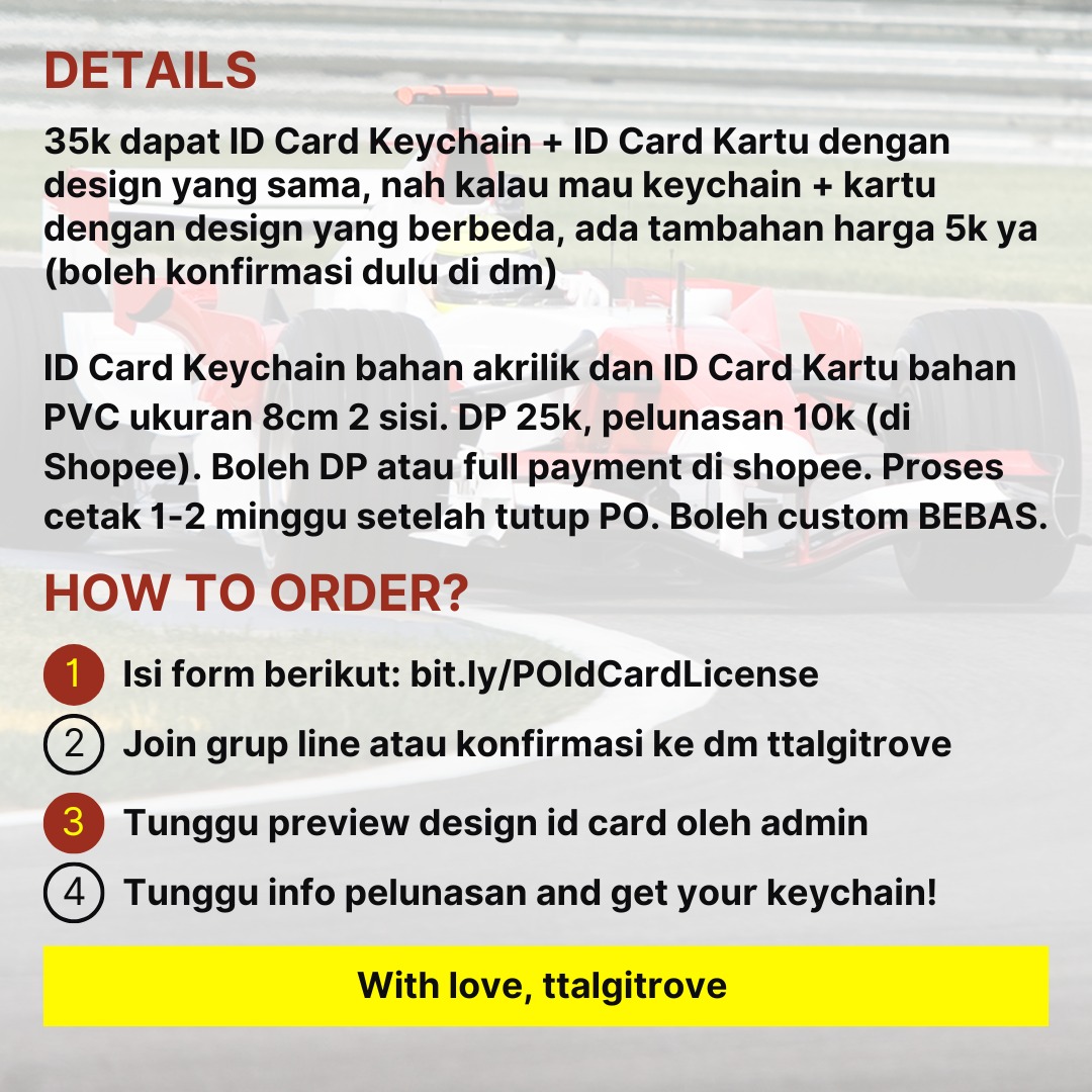 TtalgiTrove's tweet photo. OPEN PRE-ORDER ID LICENSE CARD KEYCHAIN BY TTALGITROVE
"F1 VERSION 🏎"

💸 35k 
DP 25k atau full co di 🍊
Bisa QRIS^^
🏠 Bandung
Boleh custom BEBAS
Close PO 2 Mei

form po👇
https://t.co/jjnK9rReAm

fullpay di 🍊
https://t.co/lqHvbgZBOA https://t.co/1aLdUeZdnX
