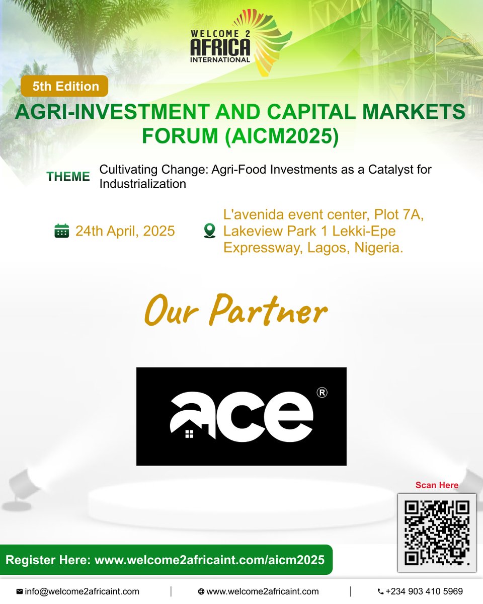 We're proud to welcome <a href="/acerealestates/">ACE REAL ESTATE</a> as a partner for #AICM2025! 

With a bold vision &amp; deep integrity, they’re reshaping Africa’s property game — just like we’re reshaping agri-investments.

🗓️ April 24
📍 Lagos
🔗 welcome2africaint.com/aicm2025

#Welcome2Africa 
#AceDream