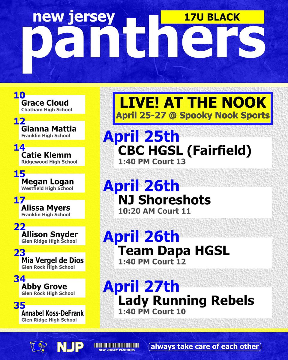 Abby Grove (@abbygrove2026) on Twitter photo I’m so excited for our first live period of the year! Here is our schedule for Spooky Nook this weekend:
<a href="/CoachZ_NJP/">Zakiya Beckles MAT, LAT, ATC</a> <a href="/nj_panthers/">NJ Panthers</a> <a href="/NJLadiesHoops/">NJ Ladies Hoops</a> <a href="/CoachJordanNJP/">Jordan Stites</a> I’m so excited for our first live period of the year! Here is our schedule for Spooky Nook this weekend:
<a href="/CoachZ_NJP/">Zakiya Beckles MAT, LAT, ATC</a> <a href="/nj_panthers/">NJ Panthers</a> <a href="/NJLadiesHoops/">NJ Ladies Hoops</a> <a href="/CoachJordanNJP/">Jordan Stites</a>