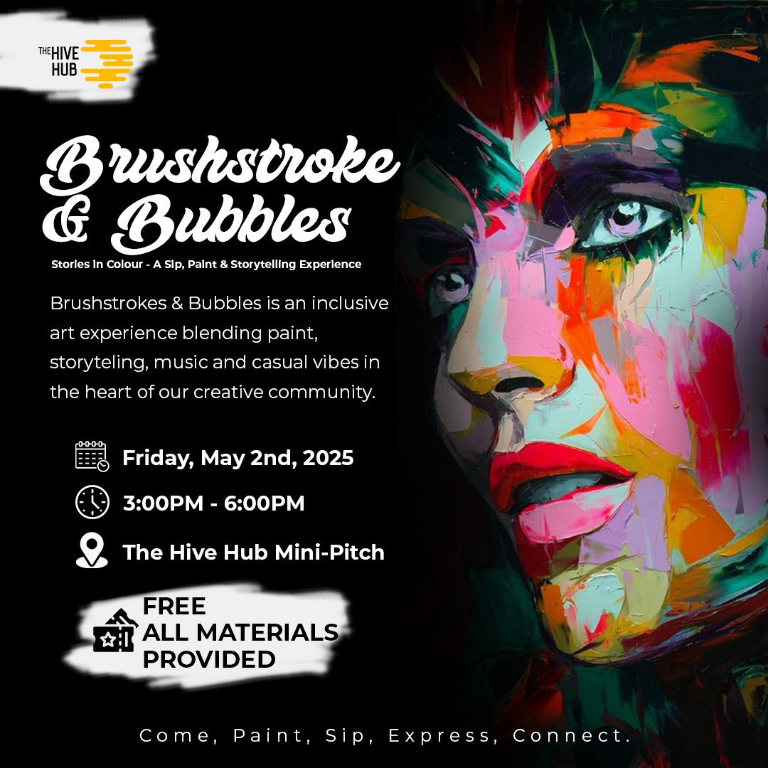 thehivehubng's tweet image. Brushstrokes &amp;amp; Bubbles is here! 🖌️

Art, music, stories &amp;amp; vibes — no skills needed, just heart.

🗓️ Fri, May 2
🕒 3PM
📍 The Hive Hub, Alagbaka
🔗: forms.gle/gQaWf1jdpWneUn…

Turn up solo or bring your crew. 🤌🏽

#TheHiveHub #StoriesInColour #ArtMeetsVibes