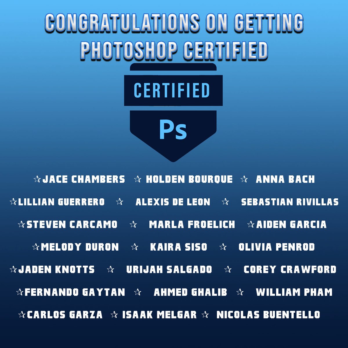 Fresh and newly minted certified students in Adobe Photoshop. CONGRATS! <a href="/langhamcreekhs/">Langham Creek High</a> <a href="/jmtz10403/">Jose Martinez</a>