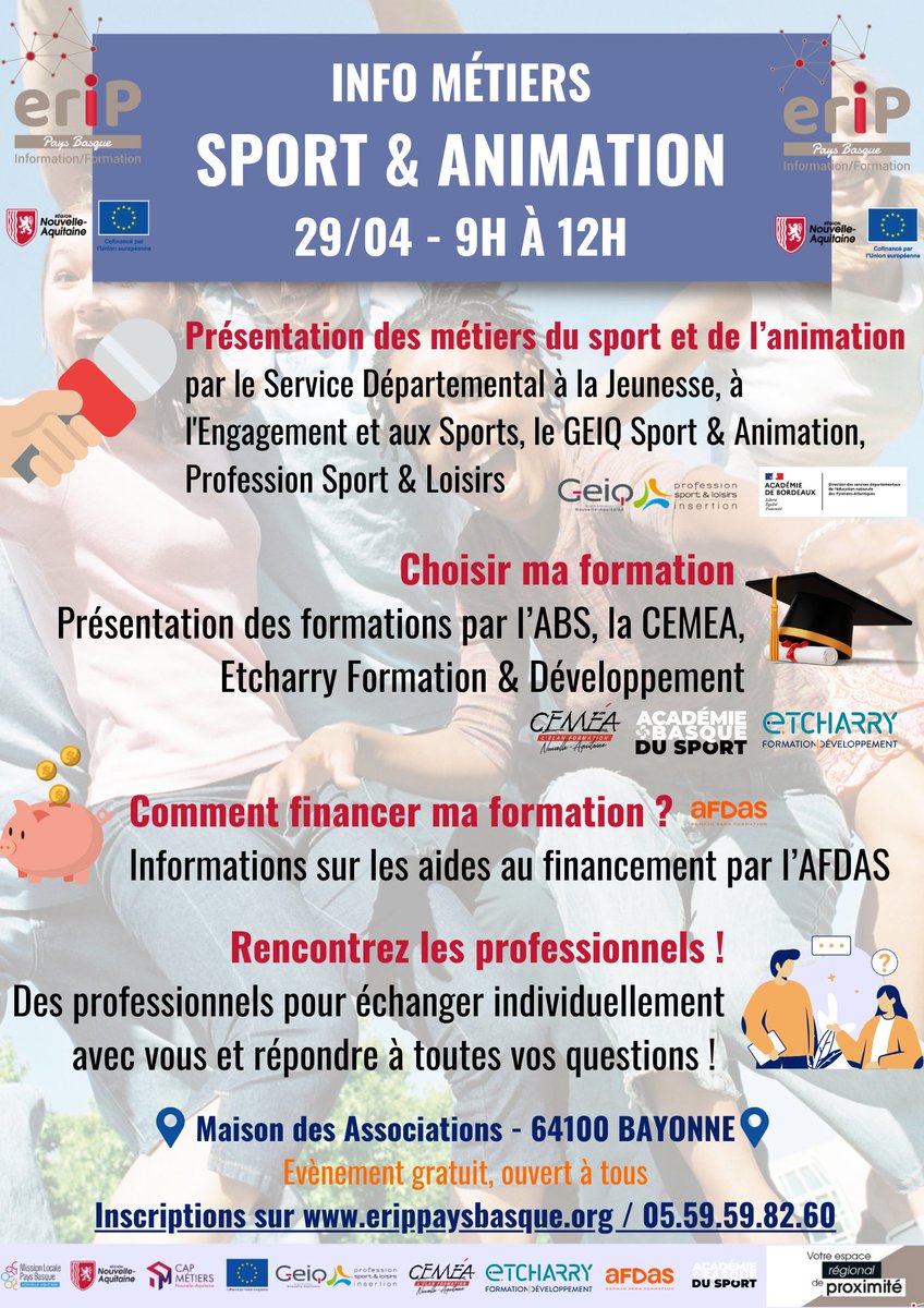 Envie de bosser dans le #sport ou l’#animation ?
Venez vous informer le 29/04 à Bayonne (9h-12h) !
 #métiers #formations #financements &amp; professionnels au rendez-vous
📍 Maison des Assos – #Bayonne
🎟️ Gratuit &amp; ouvert à tous
🔗 erippaysbasque.org
#emploi  #orientation