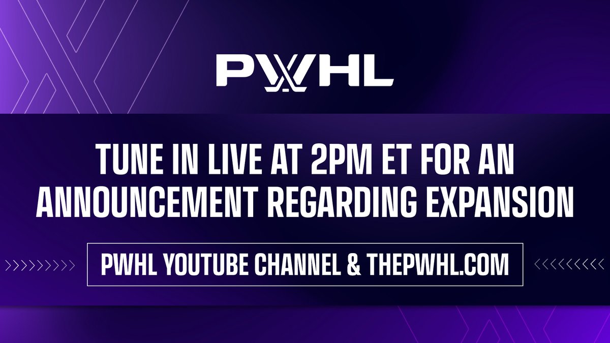 PWHL (@thepwhlofficial) on Twitter photo Big news incoming 👀
Tune in to our live stream for an announcement regarding expansion at 2PM ET!
📺 thepwhl.com
📺 bit.ly/3YHt0ke Big news incoming 👀
Tune in to our live stream for an announcement regarding expansion at 2PM ET!
📺 thepwhl.com
📺 bit.ly/3YHt0ke